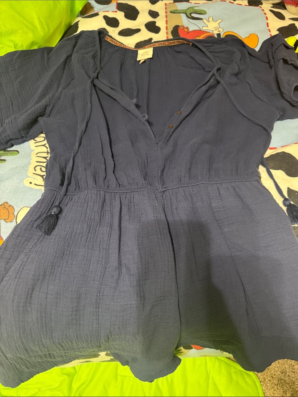 Navy Blue Gauze romper short sleeve lined